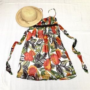 Empire Waist Mini Dress Ivory Orange Yellow Green Brown Flowers and Beads Short